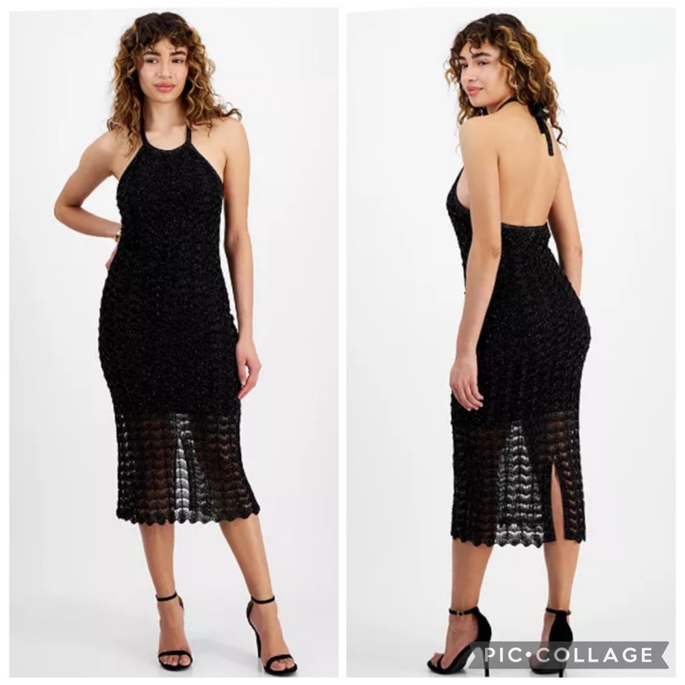 Guess Alina‎ Lurex Halter Neck Crochet Midi Dress Black Metallic M